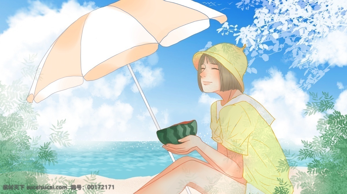 简约 清新 夏天 坐在 海边 吃 西瓜 少女 沙滩 女孩 清晰