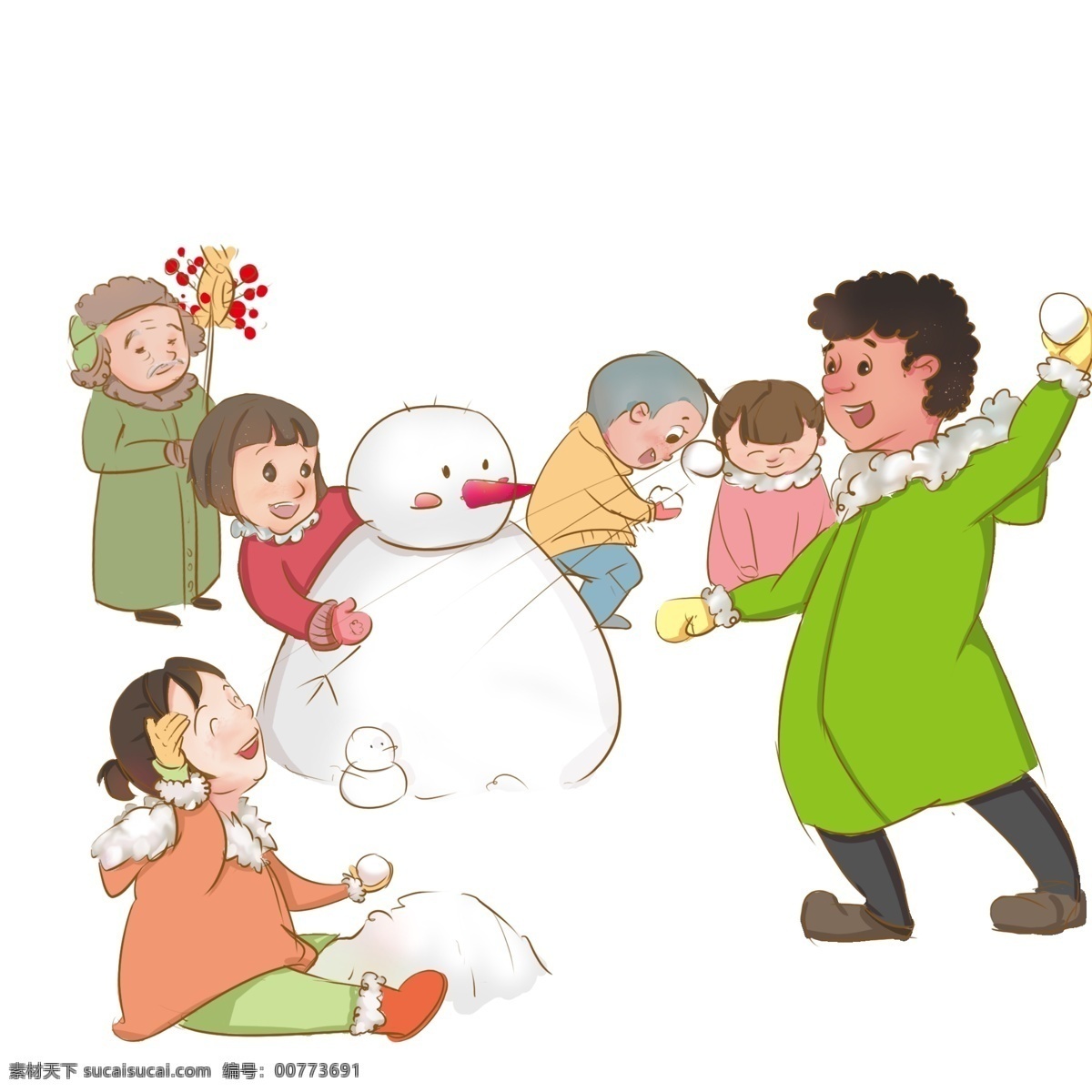 新年 堆 雪人 玩耍 小孩 堆雪人 打雪仗 卖糖葫芦 快乐 幸福 吉祥 如意 喜庆 高兴 手绘 插画 卡通