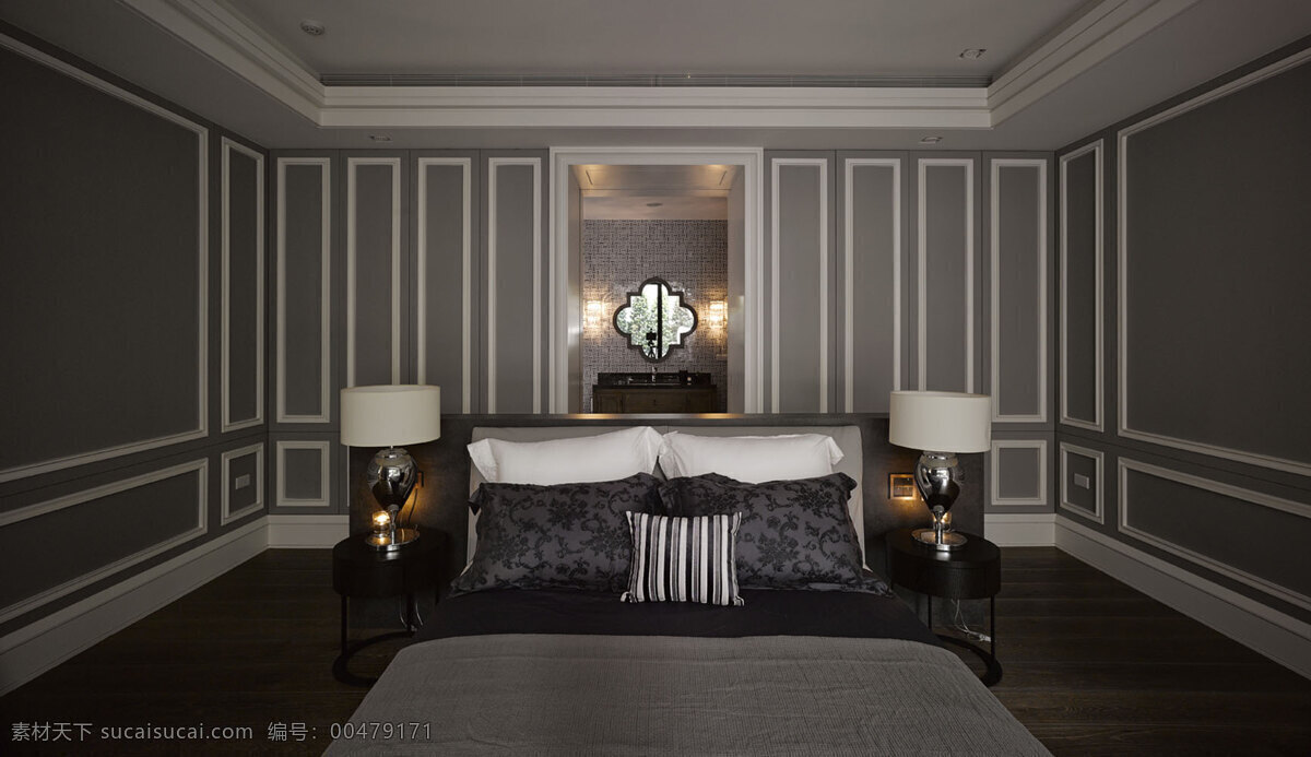 简约 卧室 床头 条纹 背景 装修 效果图 床铺 方形吊顶 灰色地板砖 灰色墙壁
