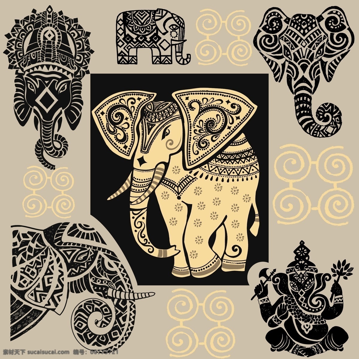 古代 图腾 纹样 矢量 装饰 大象 金色 几何图案 背景素材 创意设计 大耳朵 贺卡背景