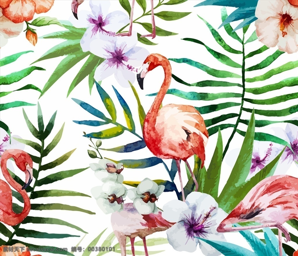 手绘热带性质 花卉 水彩 鲜花 自然 动物 油漆 叶子 植物 热带 火烈鸟 图标 高清 源文件