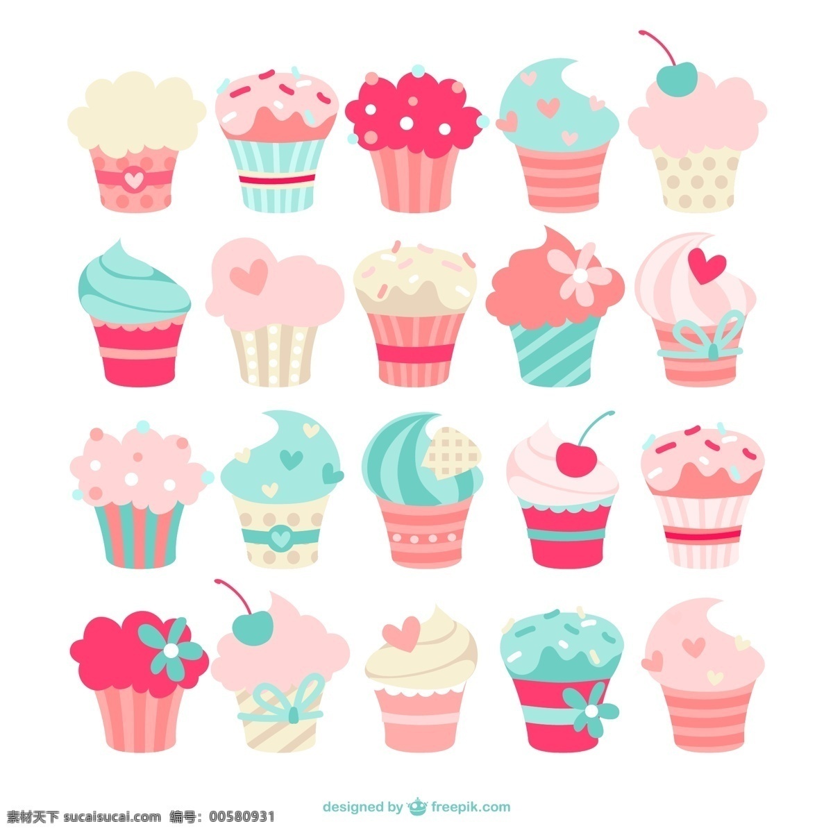 小清新蛋糕杯 手绘图片 蛋糕 蛋糕杯 麦芬蛋糕 cupcake 餐饮 奶油 樱桃 心 蛋糕设计 矢量素材 白色