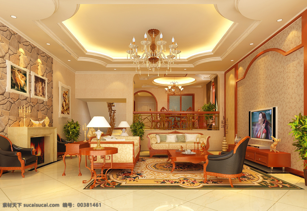 别墅 欧式 客厅 模型 3d模型 电视机 欧式客厅 max 黄色