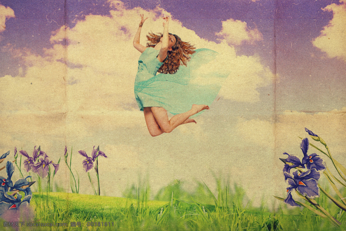 草地 上 凌空 飞跃 美女图片 蓝天白云 花朵 花卉 跳跃 跨越 美女 女孩 风景 人物图片