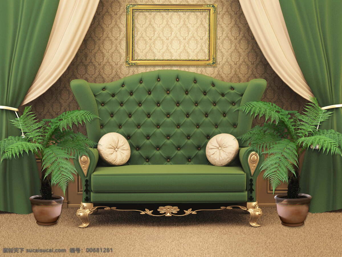 绿色 欧式 沙发 欧式沙发 抱枕 盆景 帷幕 壁纸 地毯 室内设计 环境家居