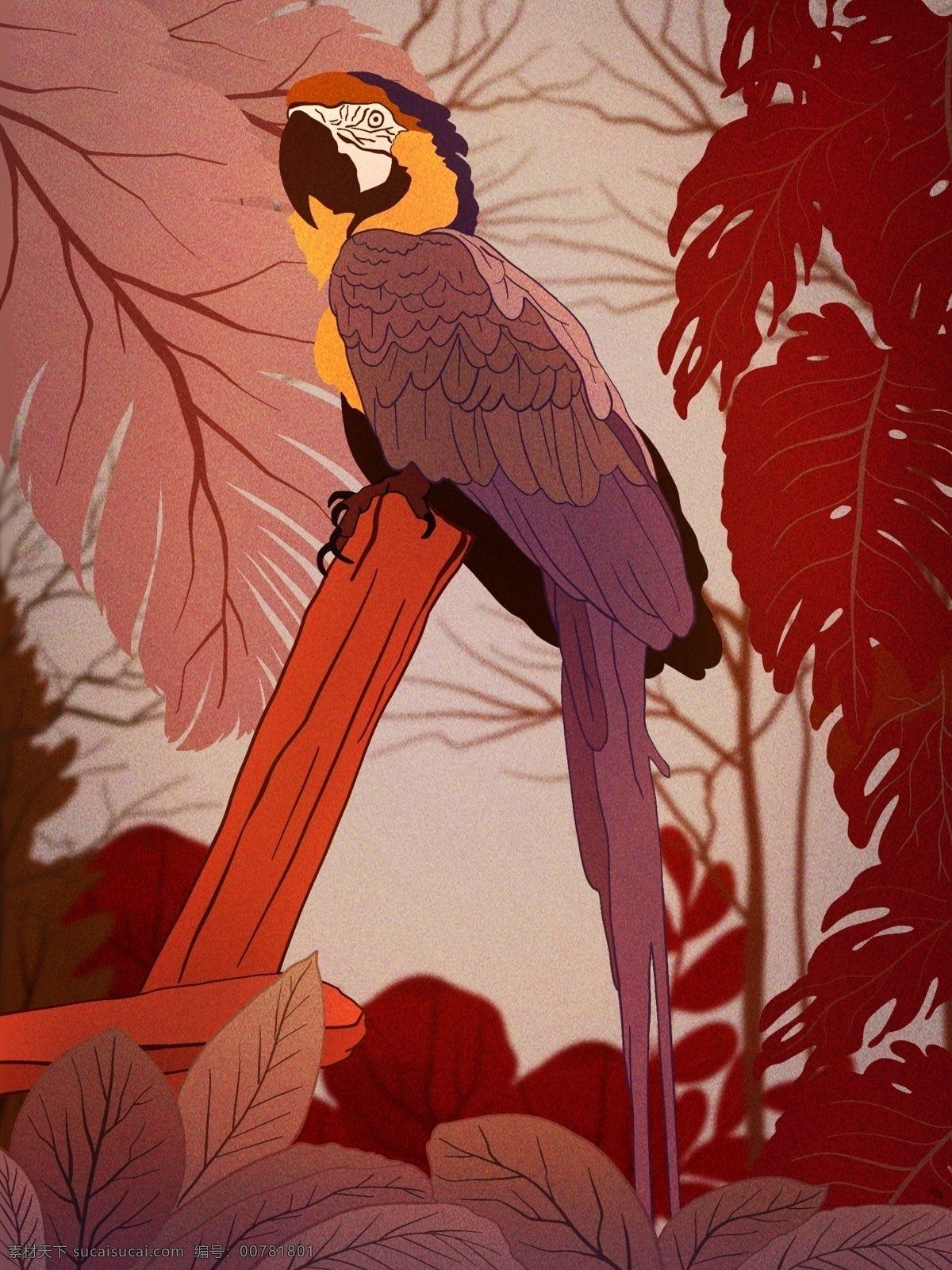 自然 印记 鹦鹉 丛林 枝头 时尚 插画 森林 树木 叶子 鸟 芭蕉 矢量 时尚插画 木桩 自然印记