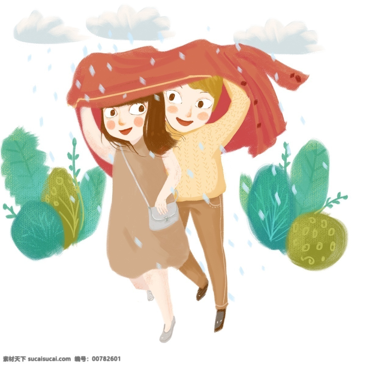 情人节 躲雨 情侣 白色的云朵 绿色的植物 植物装饰 卡通人物 人物 插画 蓝色的雨滴 躲雨的情侣