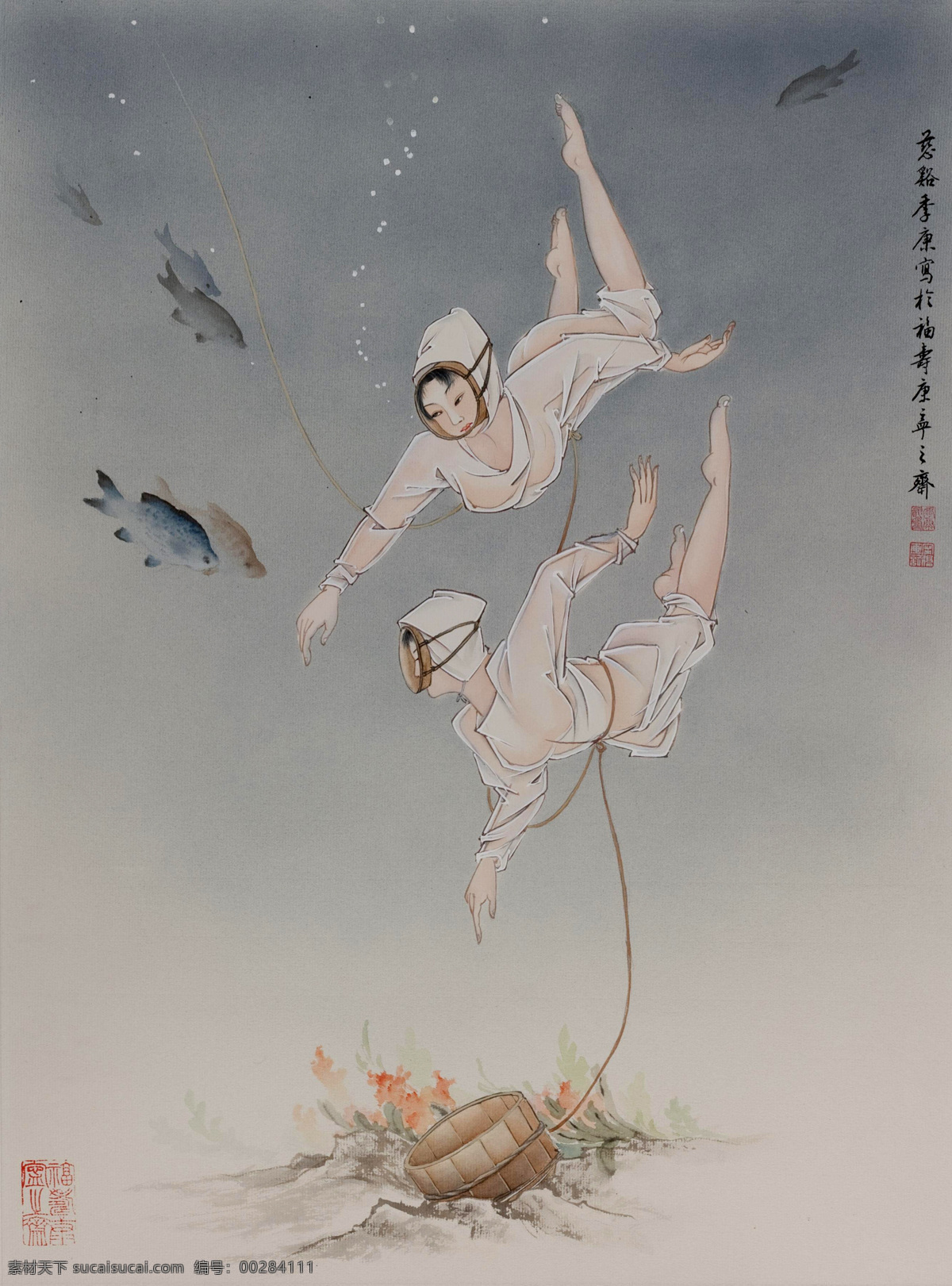 彩墨画 工笔 海水 绘画书法 美女 民族风 女人 女性 水中 游 设计素材 模板下载 水中游 女子 水鱼 人物画 线描 字画 中国画 水墨画 装饰 中国元素 重彩画 文化艺术