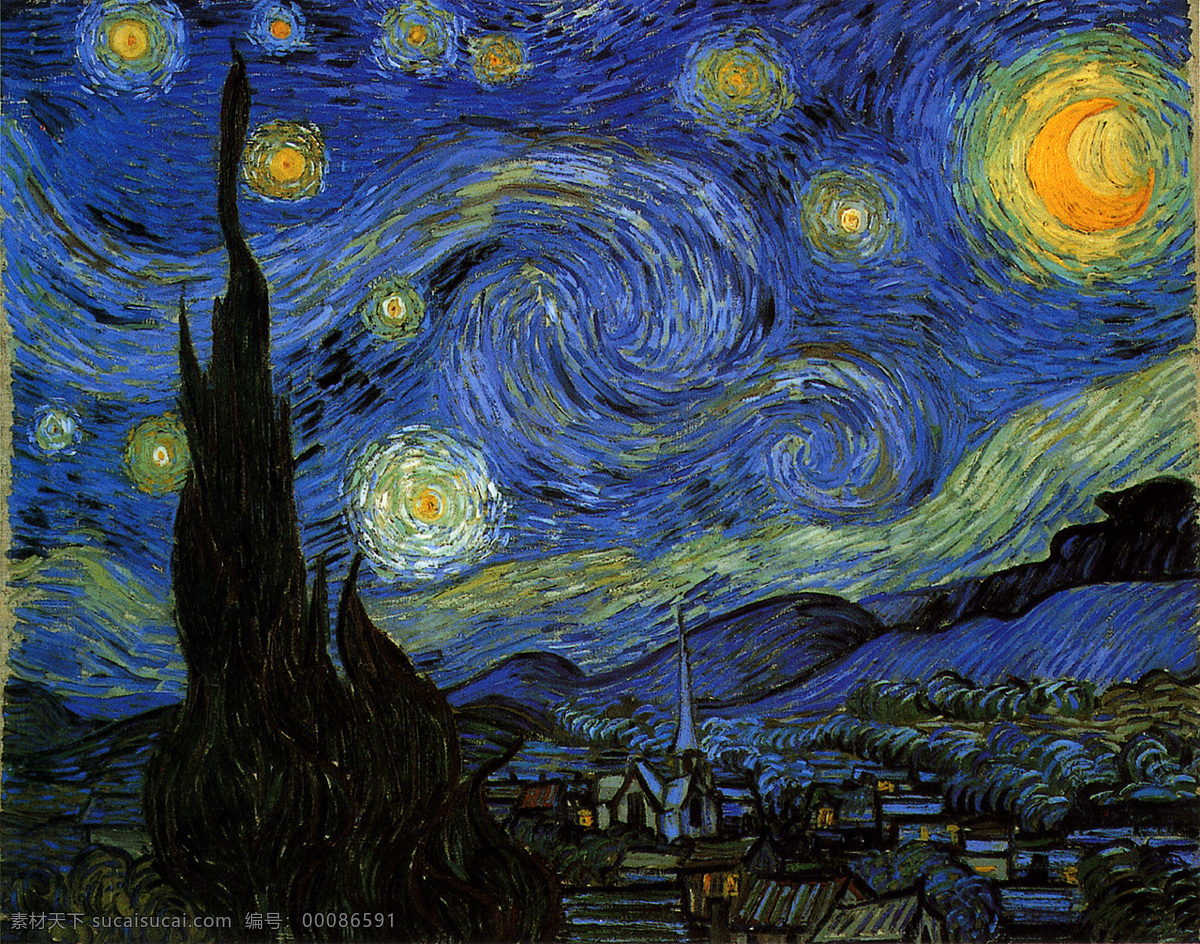 梵高星月夜 梵谷 世界名畫 油畫 後期印象主義 油彩 畫布 文化艺术 绘画书法 设计图库