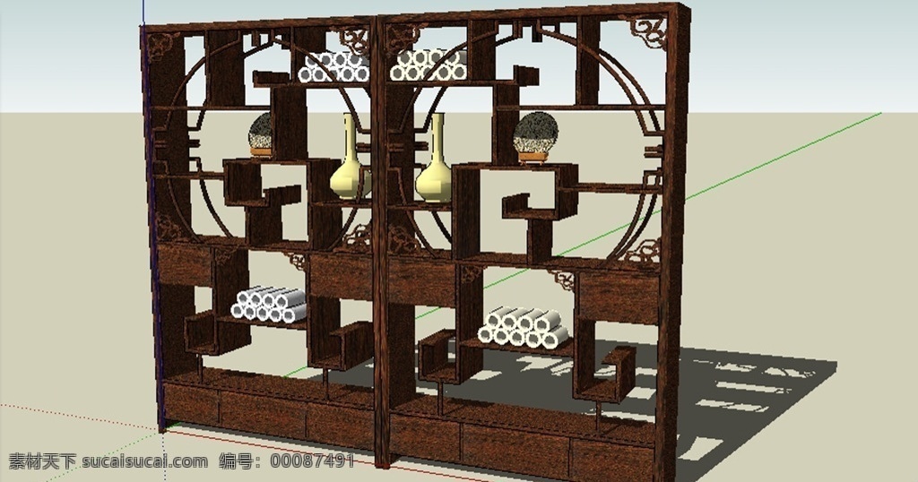 中式博古架 中式 室内 模型 家具 檀木 镂空 书架 室内模型 3d设计 skp