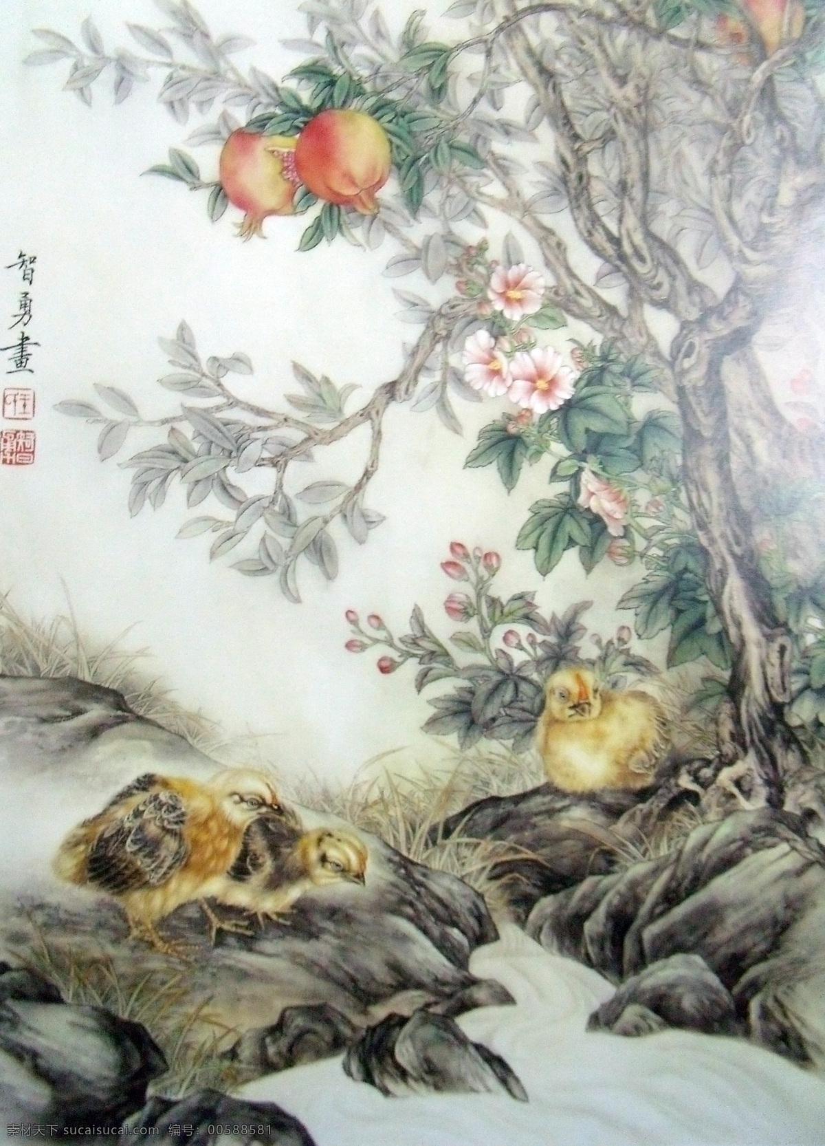 水墨 小鸡 石榴 水墨画 名画 山水画 风景写意画 国画 中国画 绘画艺术 装饰画 挂画 书画文字 文化艺术