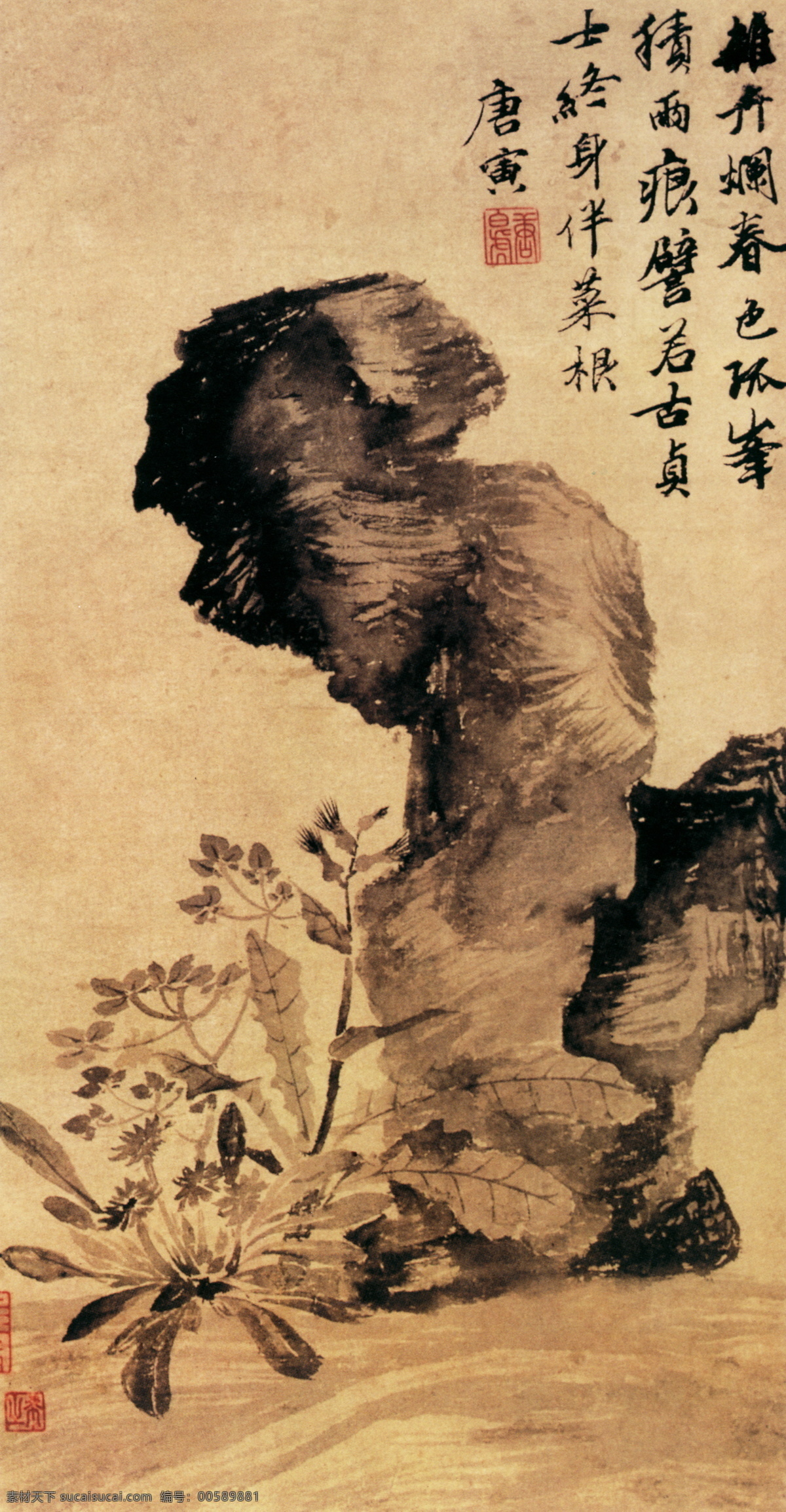 立石丛卉图 花鸟画 中国 古画 中国古画 设计素材 花鸟名画 古典藏画 书画美术 黄色