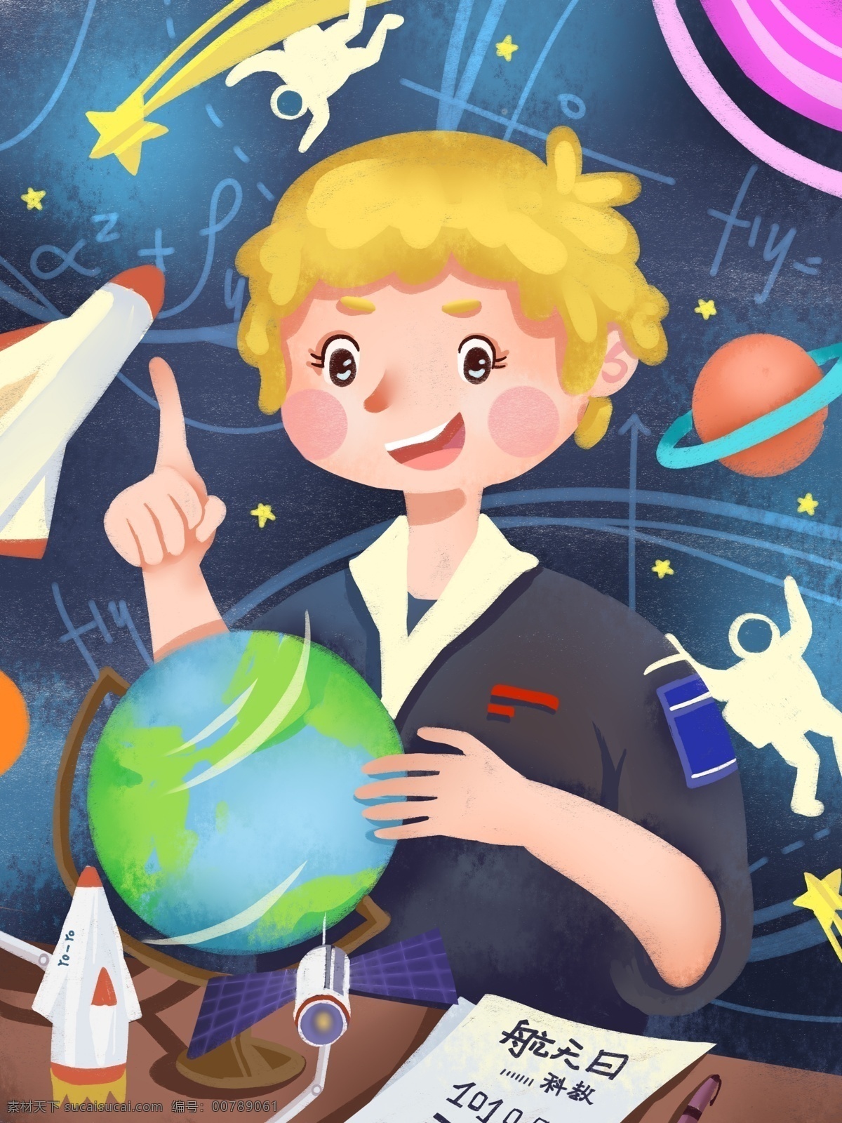 航天 日 航天员 科技 地球 小 男孩 星星 飞船 插画 文化 教育 航天日 插图 配图 火箭 小清新