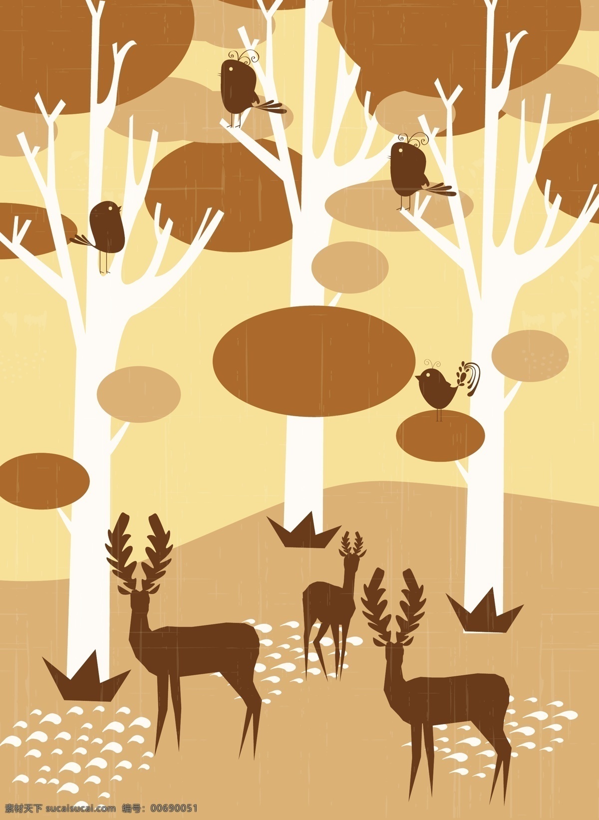 森林 动物 大树 背景 图 广告背景 广告 背景素材 鸟类 梅花鹿 脚印 棕色 圆形 创意 漂亮 背景底纹