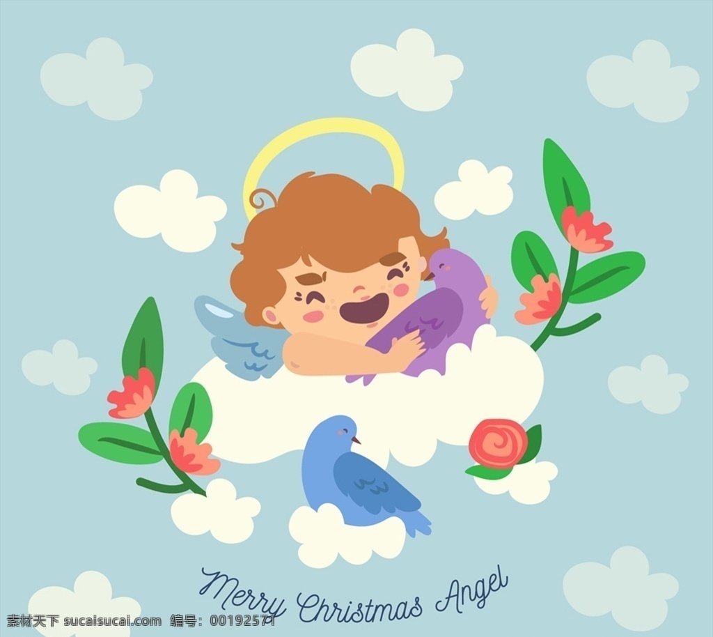 可爱 云 上 圣诞 天使 鸟 云朵 花卉 圣诞节 圣诞节快乐 动漫动画 动漫人物