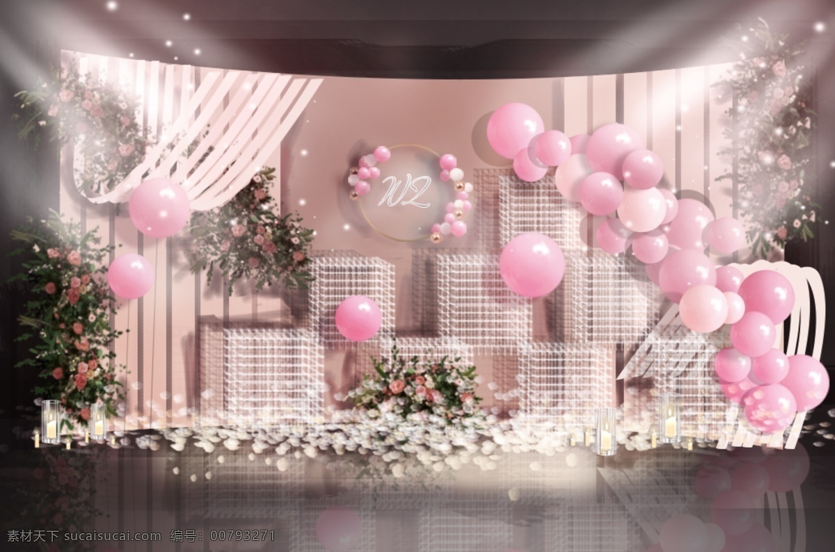 裸 粉色 简约 婚礼 仪式 区 效果图 曲线 pvc 木板 粉色婚礼背景 气球造型 网格框 悬浮花艺造型