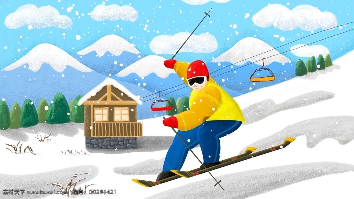 冬季 户外 滑雪 肌理 写实 插画 运动 雪地 蓝白 缆车 下雪