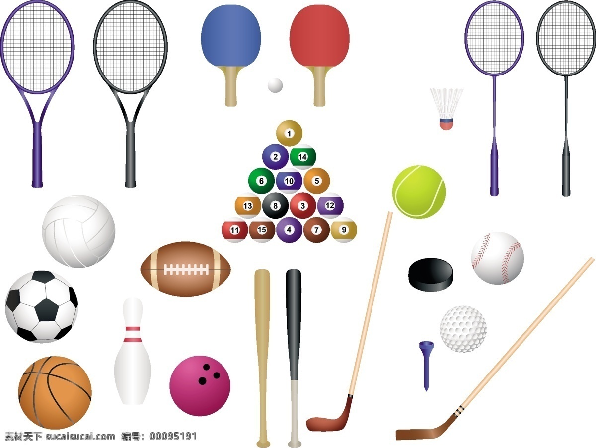 多种 运动器材 棒球 保龄球 高尔夫 篮球 乒乓 乒乓球 台球 羽毛球 羽毛球拍 足球 多种运动器材 网球拍 矢量图 其他矢量图