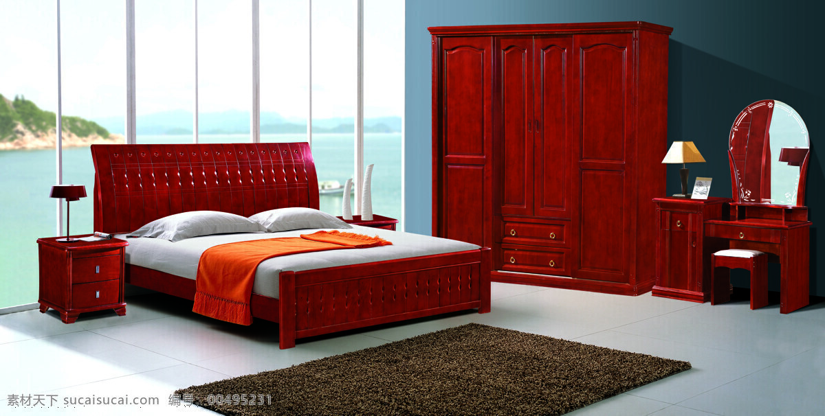 套房 背景图片 环境设计 家具 室内设计 衣柜 套房背景 实木套房 实木床 妆台 红棕色 装饰素材