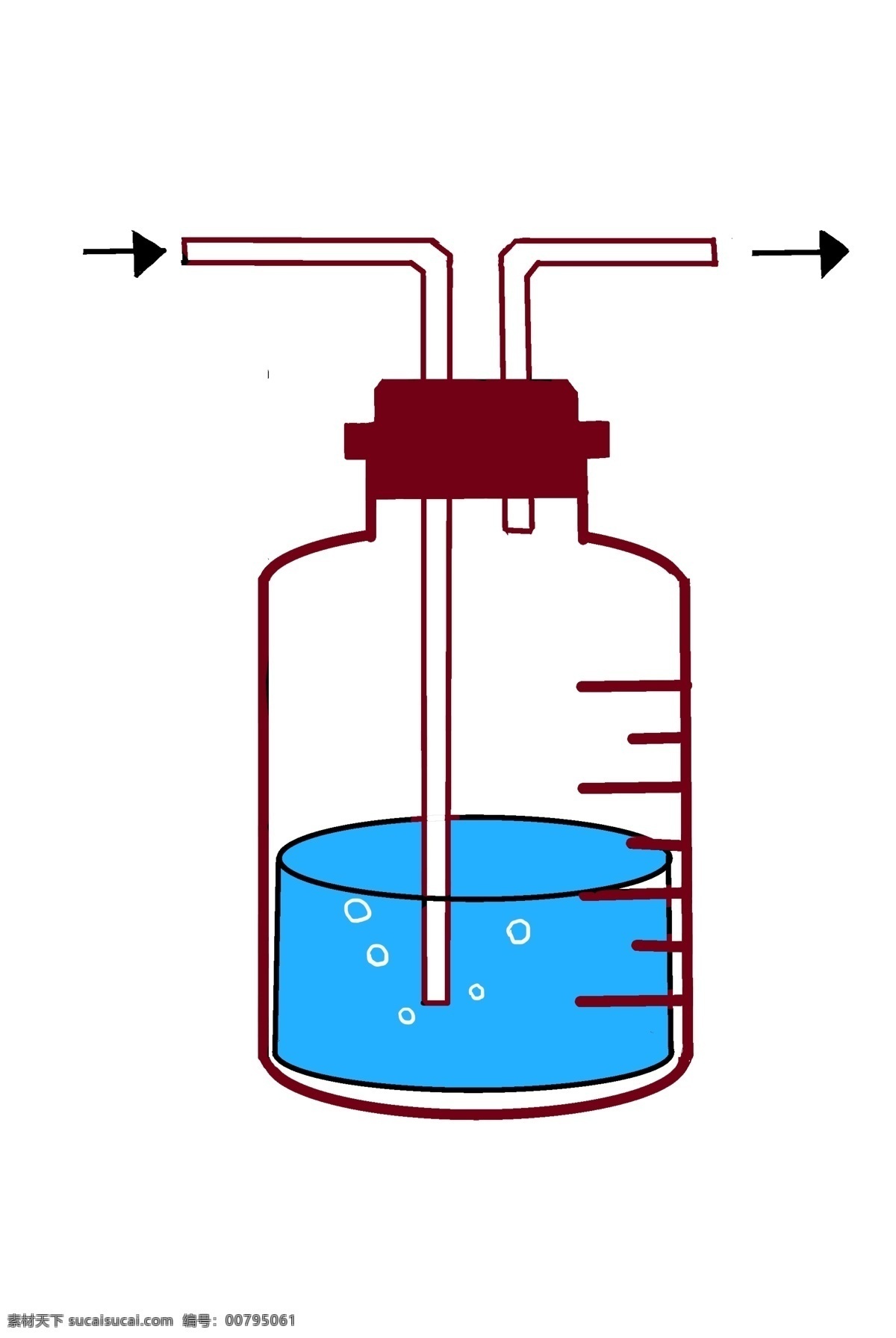 化学 洗 气瓶 装饰 插画 卡通洗气瓶 化学用品 蓝色药水 箭头装饰 玻璃制品 洗气瓶插画 实验室 检验