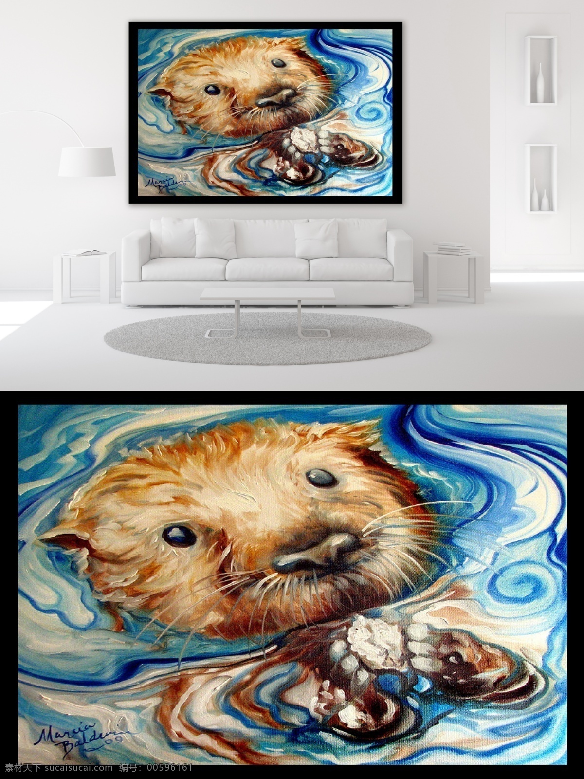 水中 小水 濑 卡通 彩绘 油画 动物 客厅 装饰画 唯美 干净 清新 意境 手绘 舒服 水纹 小水濑