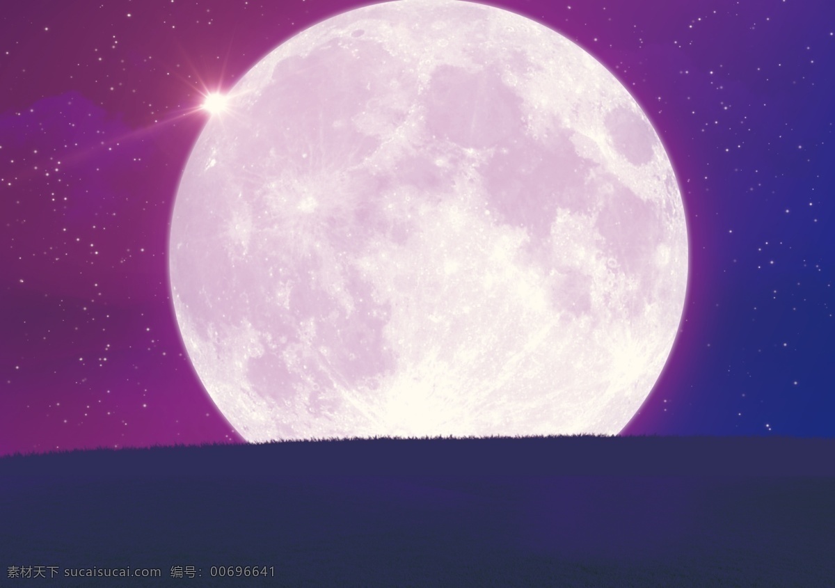月亮 月球 紫色 星空 草地 银河 分层 风景