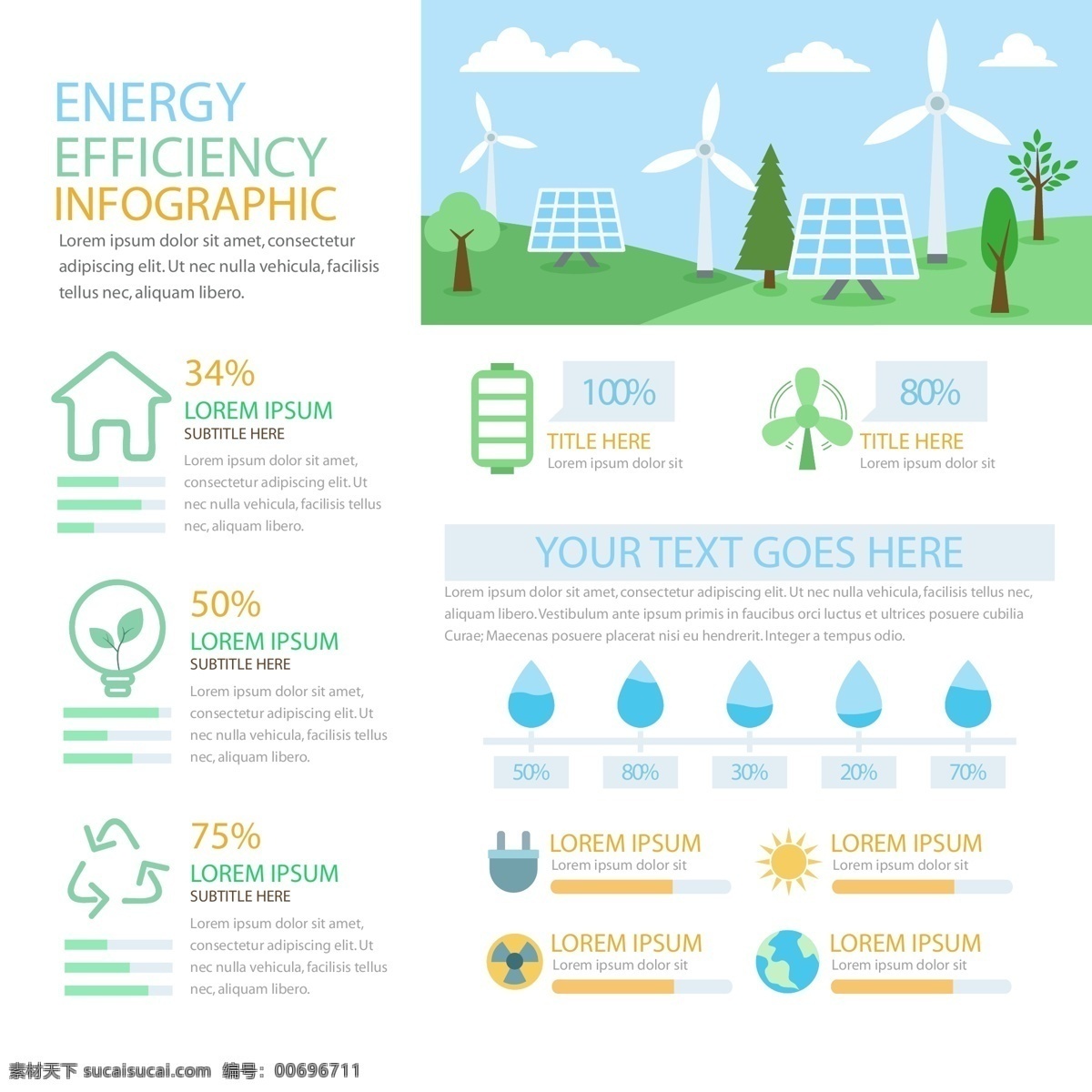 创意 能源 效应 信息 图 矢量 树木 数据分析 信息图 水滴 发电 风车 太阳能 节能 电源