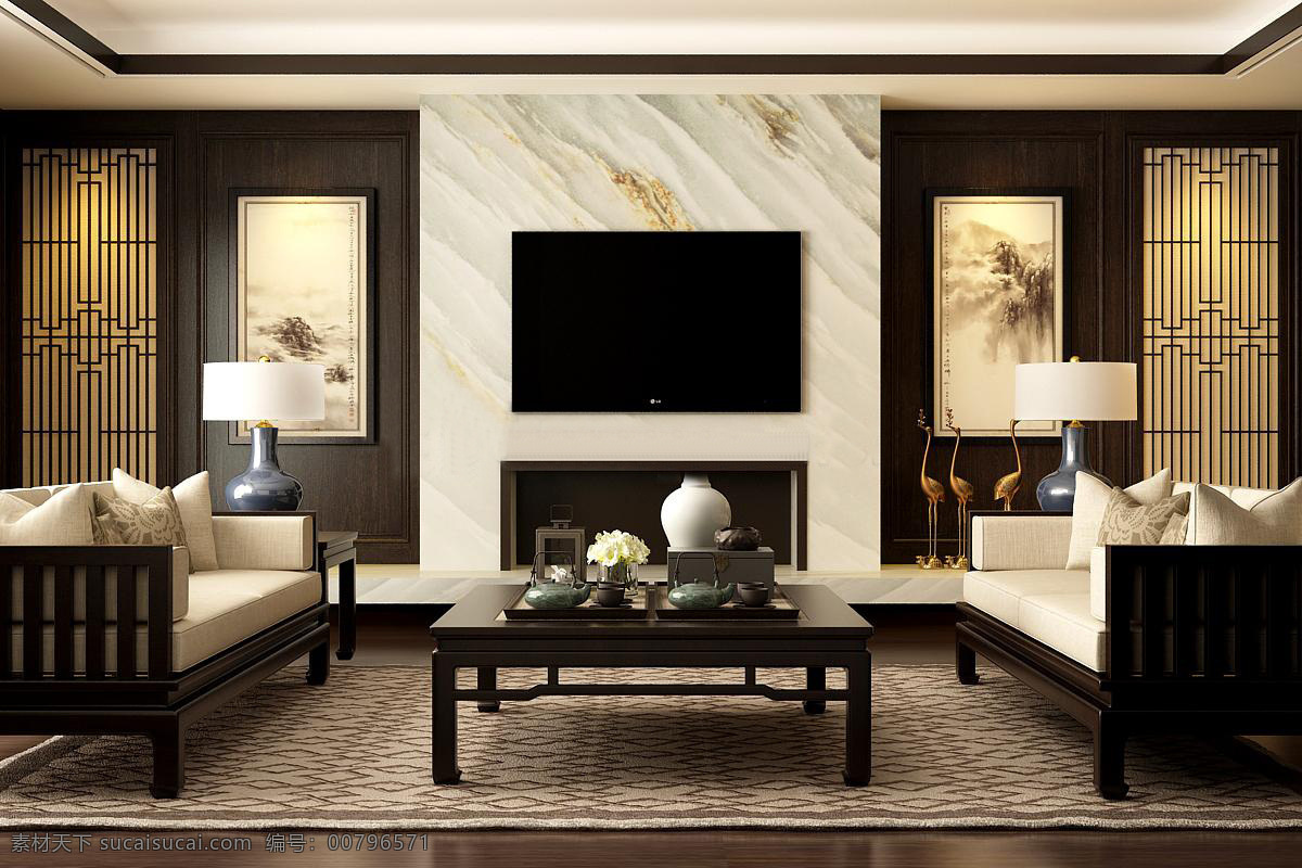 黑 禅 现代 简约 客厅 效果图 3d 模型 中式 沙发 茶几 现代简约 黑禅 新中式 3dmax 电视柜