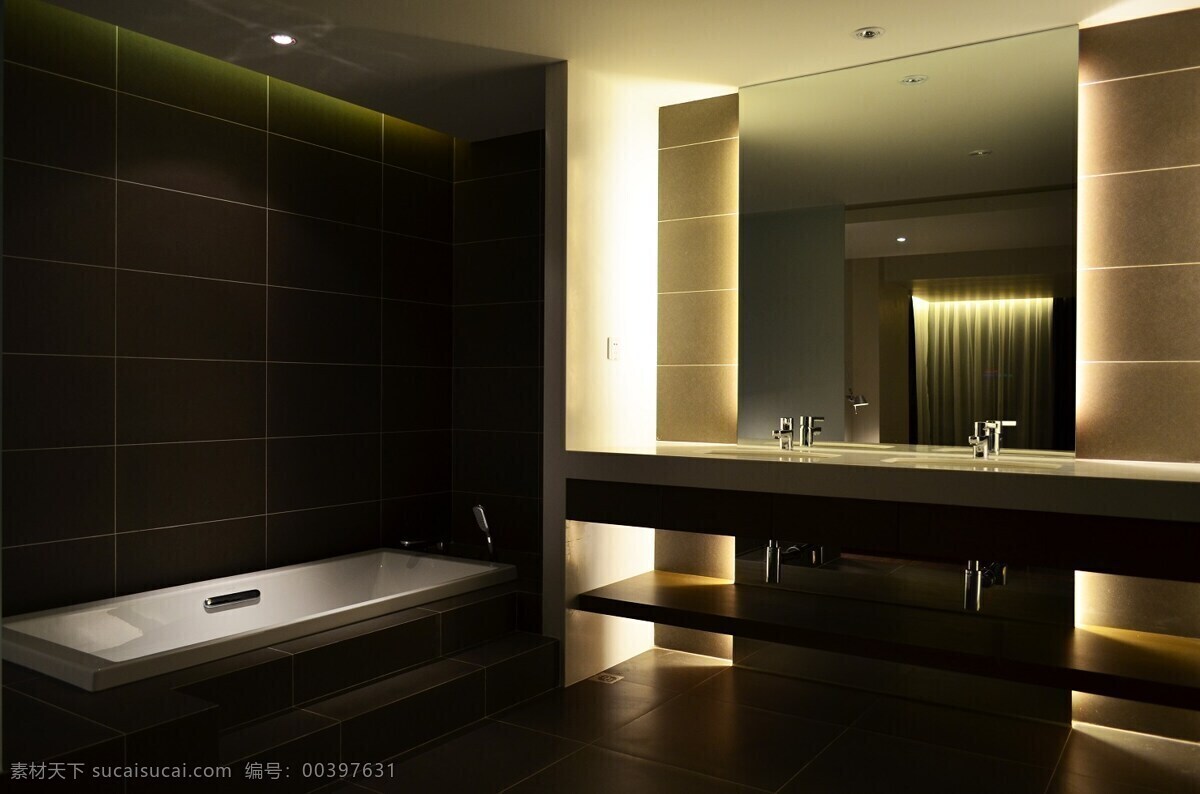 简约 卫生间 浴缸 装修 效果图 白色射灯 方形吊顶 灰色地板砖 灰色墙砖 洗手盆镜子