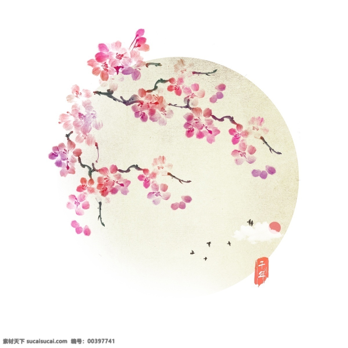 手绘 桃花 中 国风 水墨 背景 插画 渲染 商用 元素 中国风 植物 花