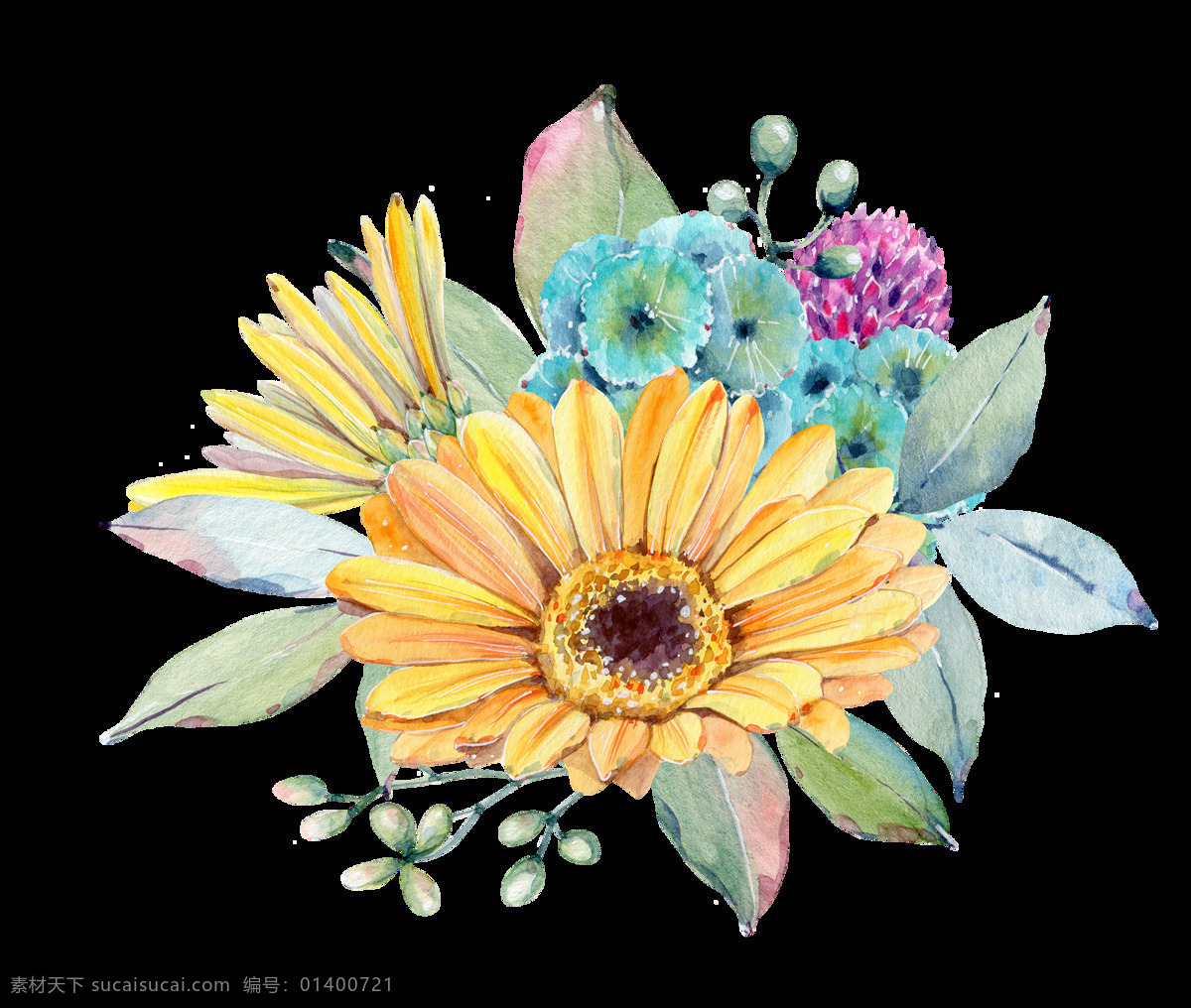 鲜花 色 菊花 透明 花卉 蓝色 绿色 免扣素材 千日红 水彩 透明素材 小菊花 叶子 装饰图案
