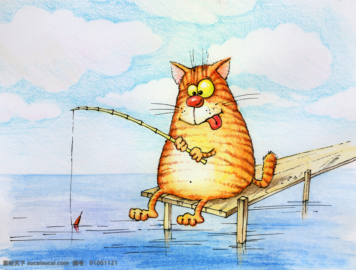 猫咪钓鱼 猫咪 手绘猫咪 猫猫 可爱 钓鱼 宠物 装饰画 绘画 无框画 动漫动画