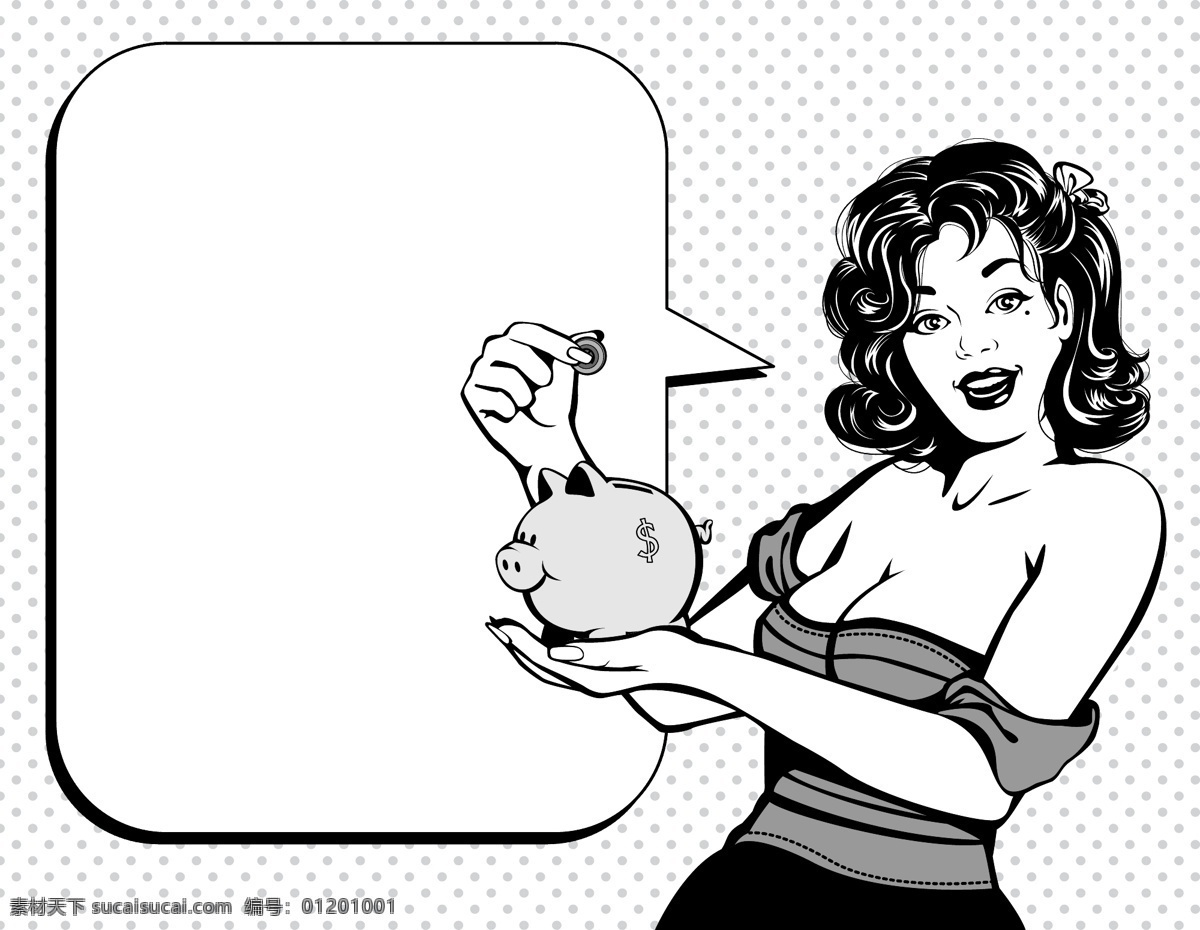 储蓄 卡通 黑白 动漫 欧美 女性 对话 矢量 存钱 国外 人物 漫画 形象 手绘 对话框 分镜