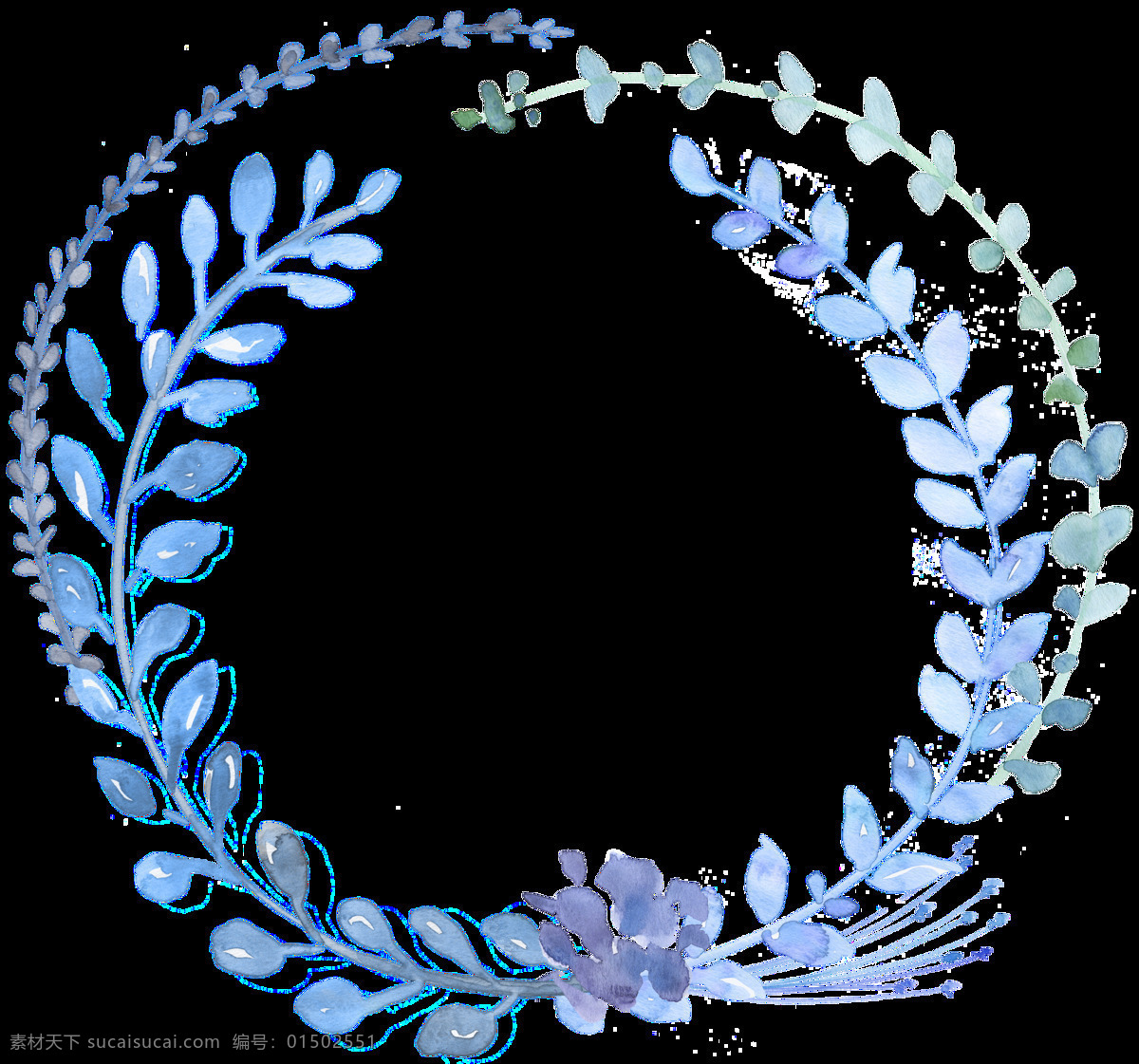 花环 蓝色花朵 手绘 树叶 树枝 圆形 装饰元素 蓝色 清雅 装饰 图案