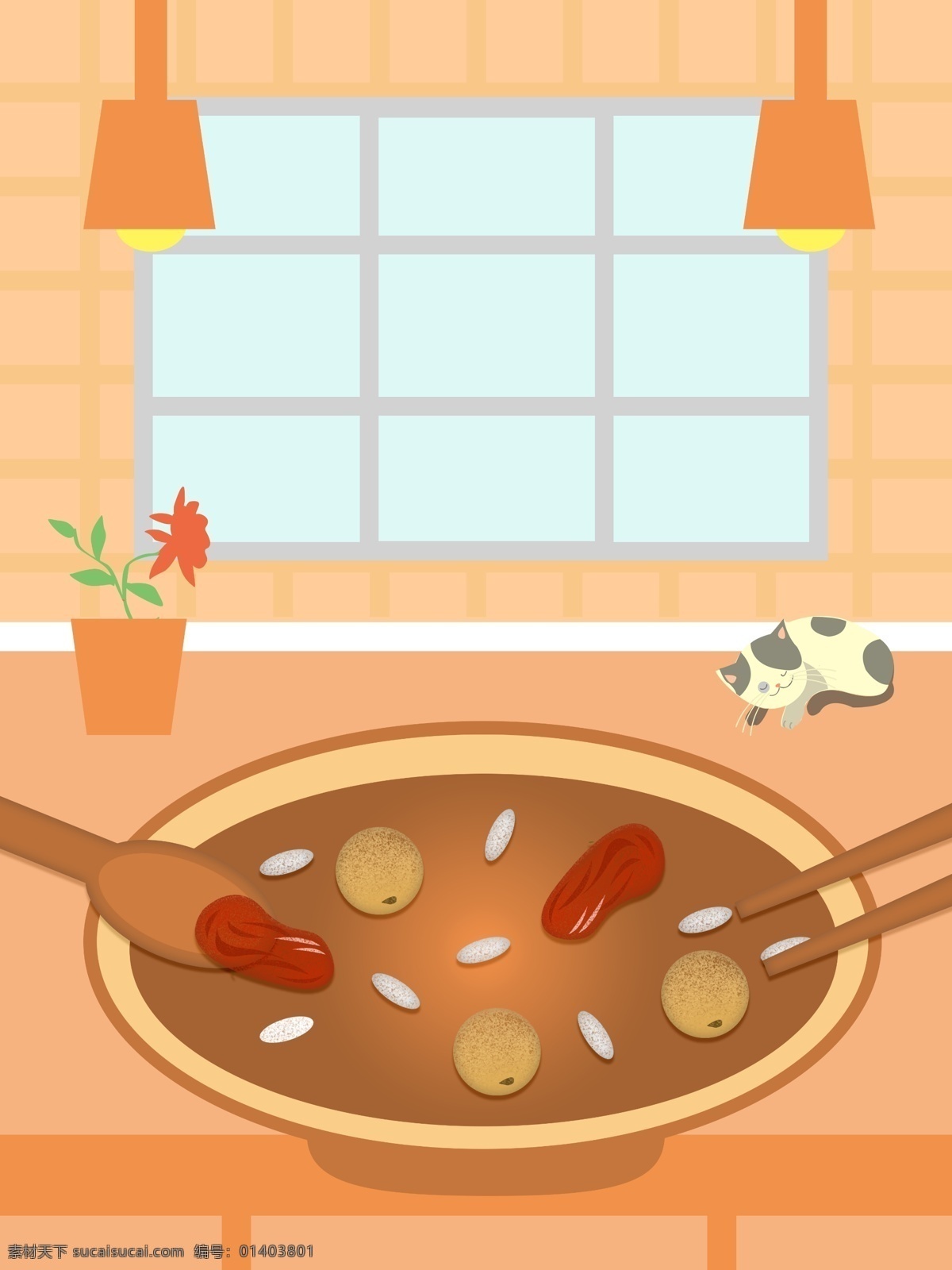 原创 简约 扁平化 室内 吃饭 分层 插画 窗户 psd分层 小猫 食物 筷子 碗筷 勺子 花盆 桌子 吊灯