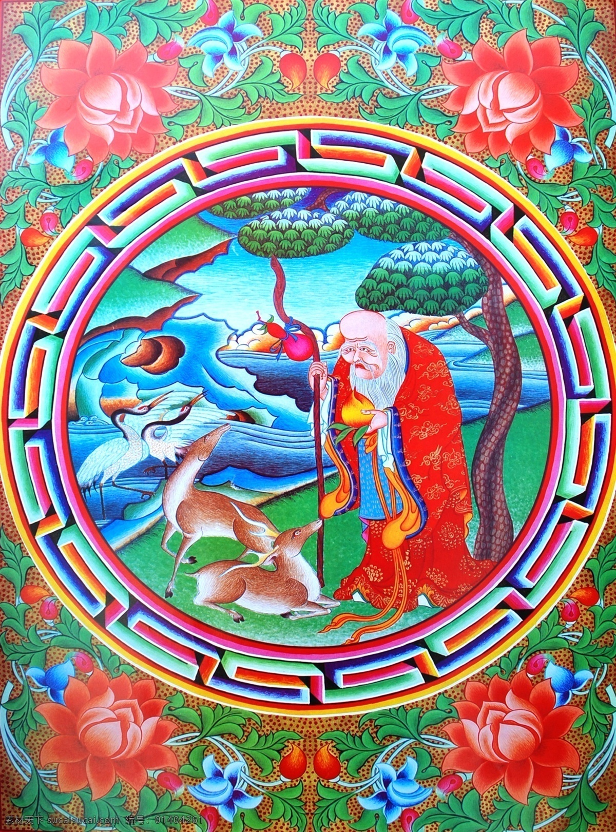 无框画 佛教 手绘 墙画 壁画 卧室画 绘画 吉祥 图案 藏族 宗教 和平 平安 宗教设计 藏族传统图案 六 长寿 老人 绘画书法 文化艺术