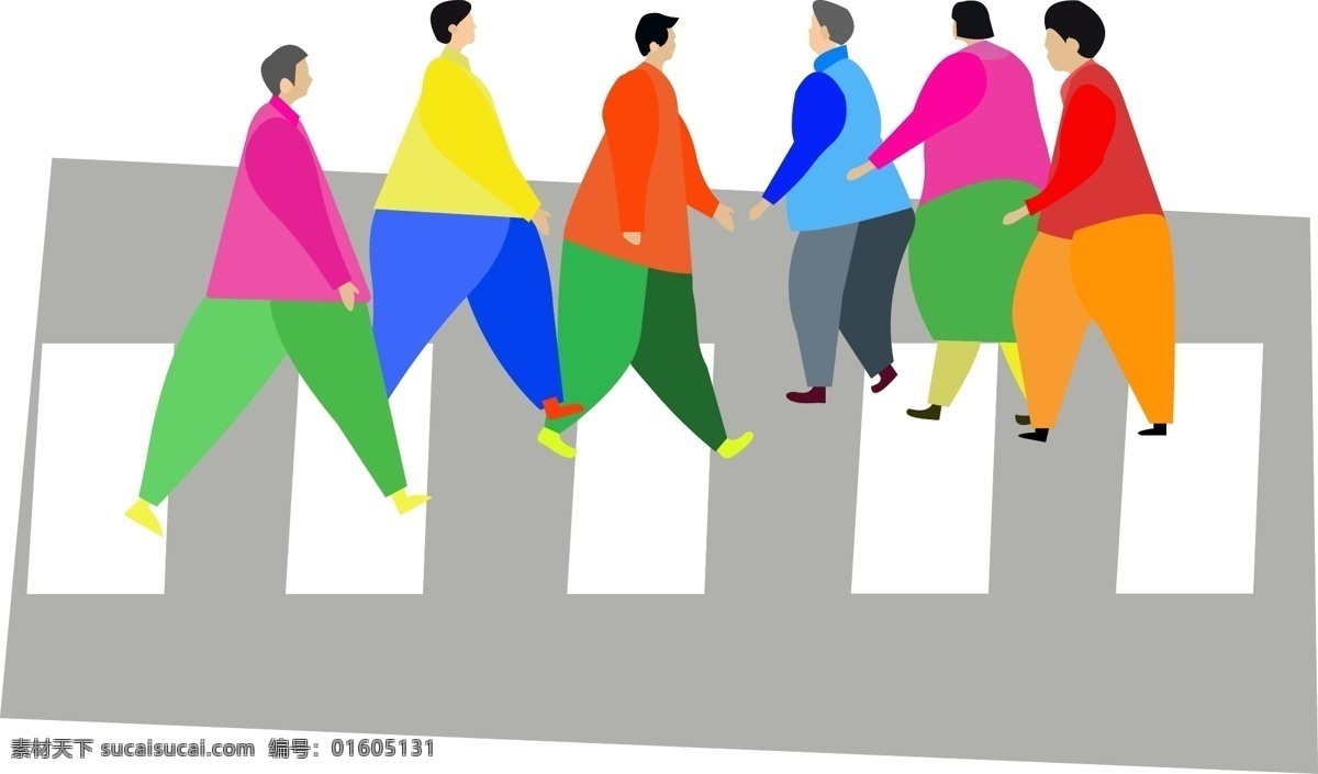 人群 马路 矢量图 斑马线 男人 女人 老人 夸张 撞色 扁平化 卡通 趣味 黄色 绿色 红色蓝色 橙色 白色灰色