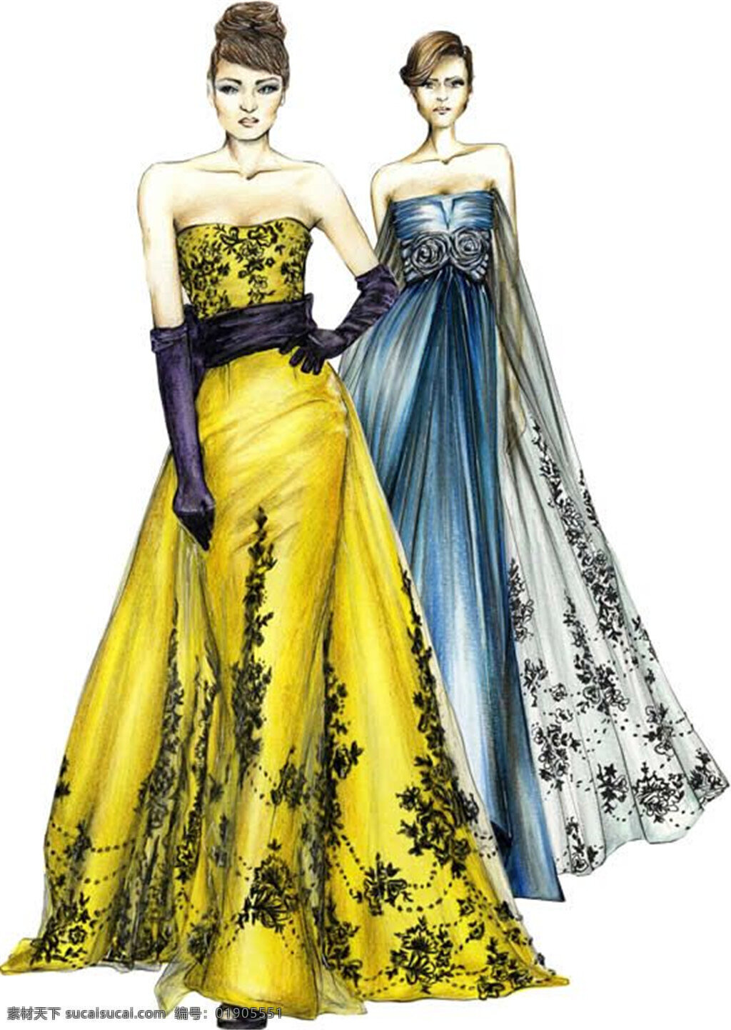 高级 气质 宴会 裙 女装 效果图 长裙 服装效果图 黄色裙子 礼服 抹胸裙 女士服装