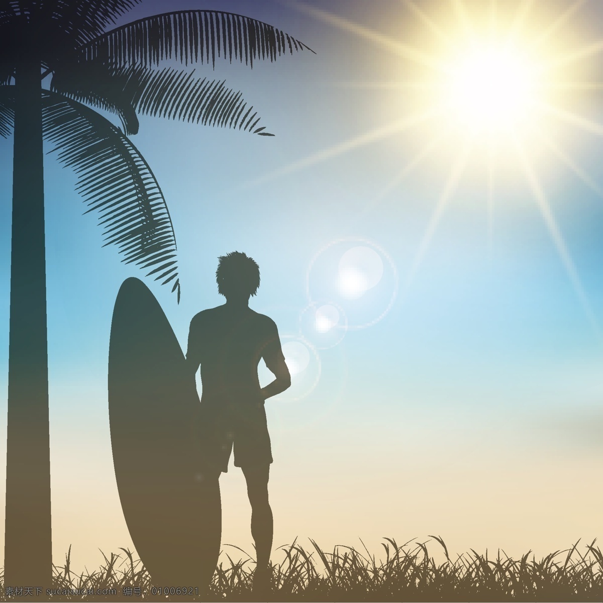 一个 热带 背景 冲浪者 身影 夏天 海滩 人 天空 山水 剪影 棕榈树 热带度假 日出 阳光 男 季节 冲浪季节
