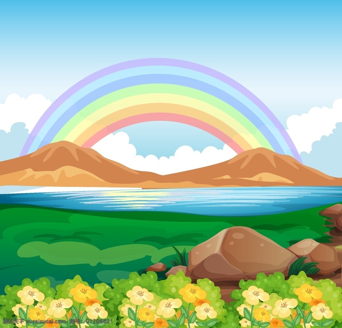 自然 里 彩色 彩虹 插画 风景 场景 唯美 大山 花朵
