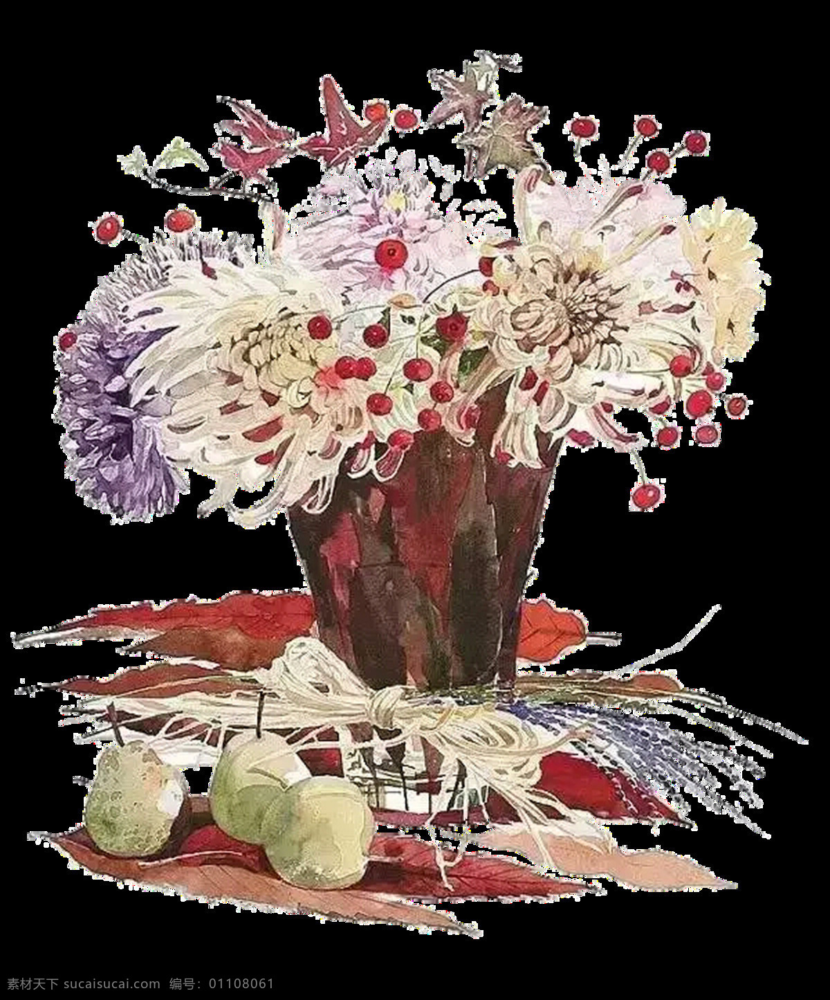 素雅 气质 手绘 菊花 装饰 元素 大树 花瓣 花朵 水果 植物 装饰元素