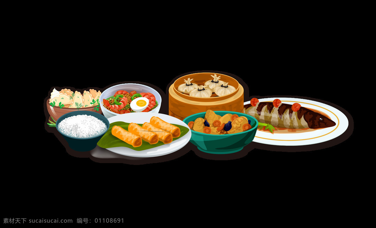 手绘 卡通 食物 装饰 米饭 年夜饭 鱼儿 新年 除夕