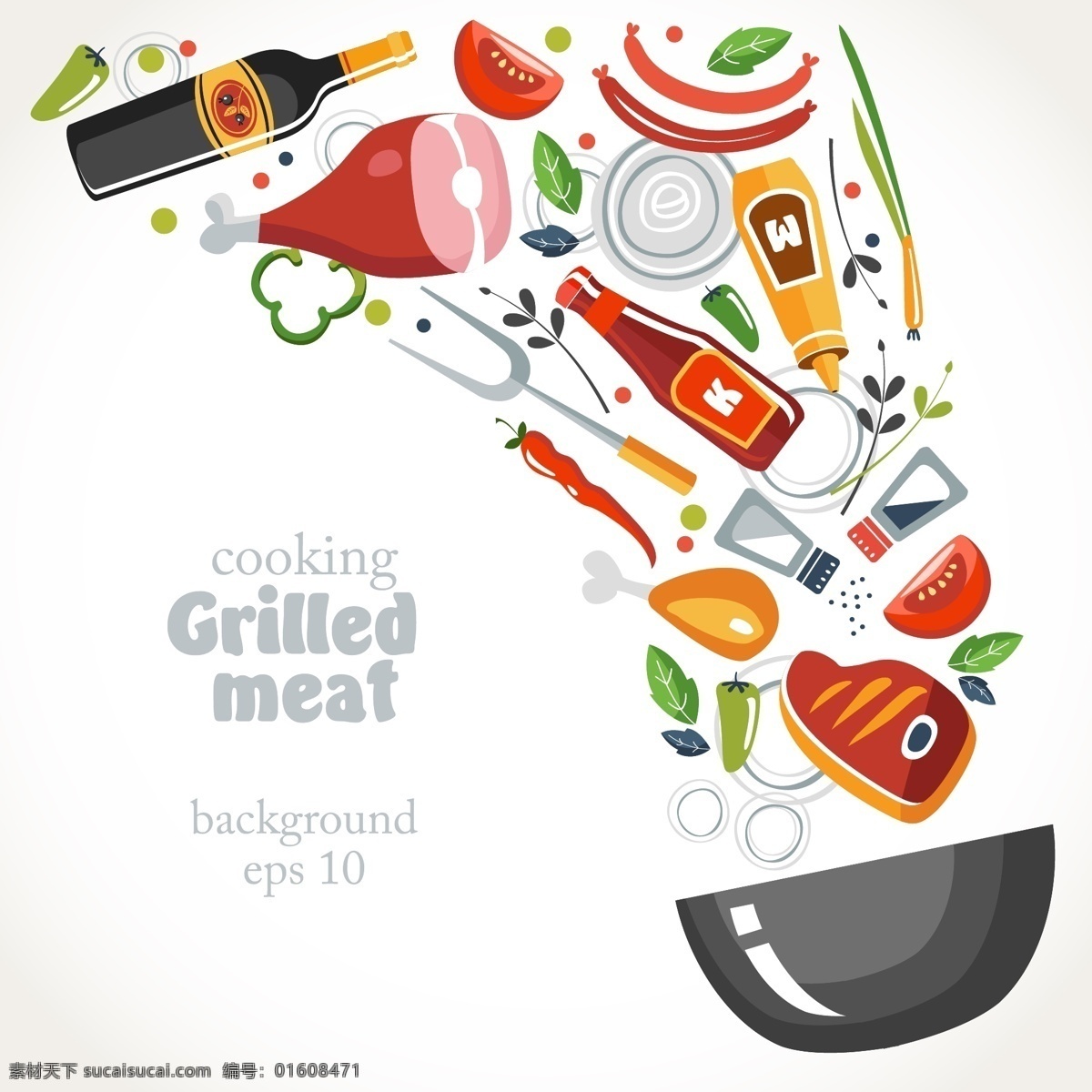 时尚 创意 烹饪 插画 西餐 食材 肉类 调料