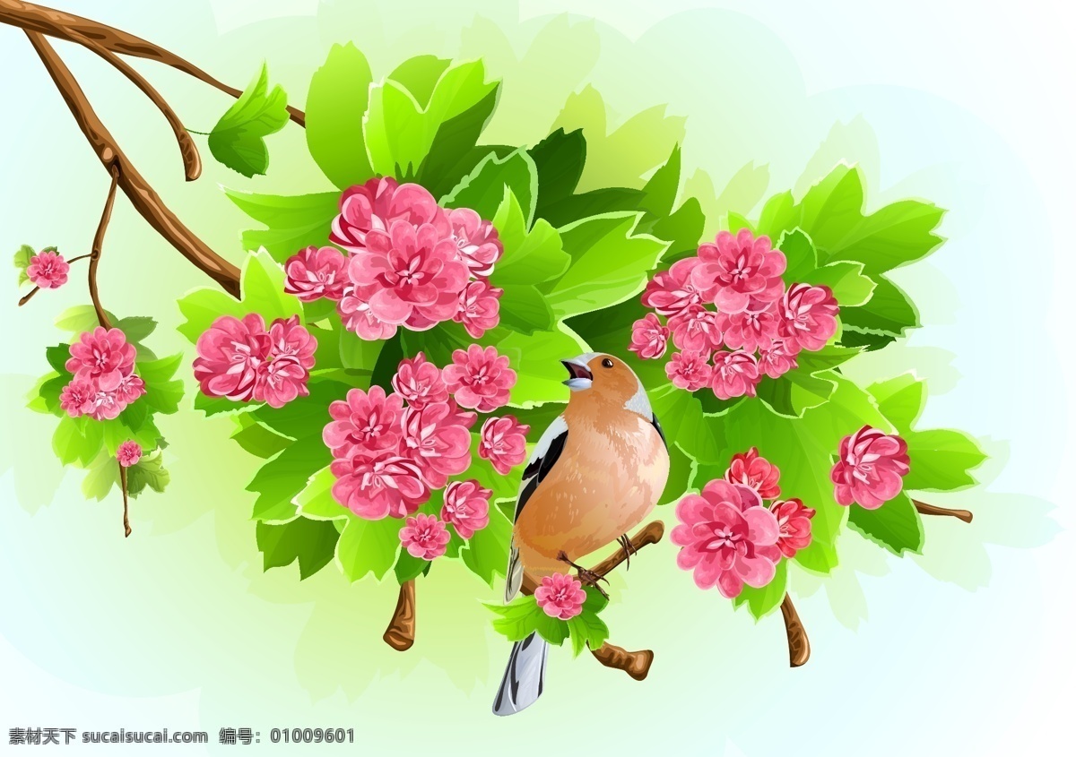 花朵 背景 矢量 插画 卡通 模板 设计稿 素材元素 枝条 叶子 小鸟 源文件 矢量图