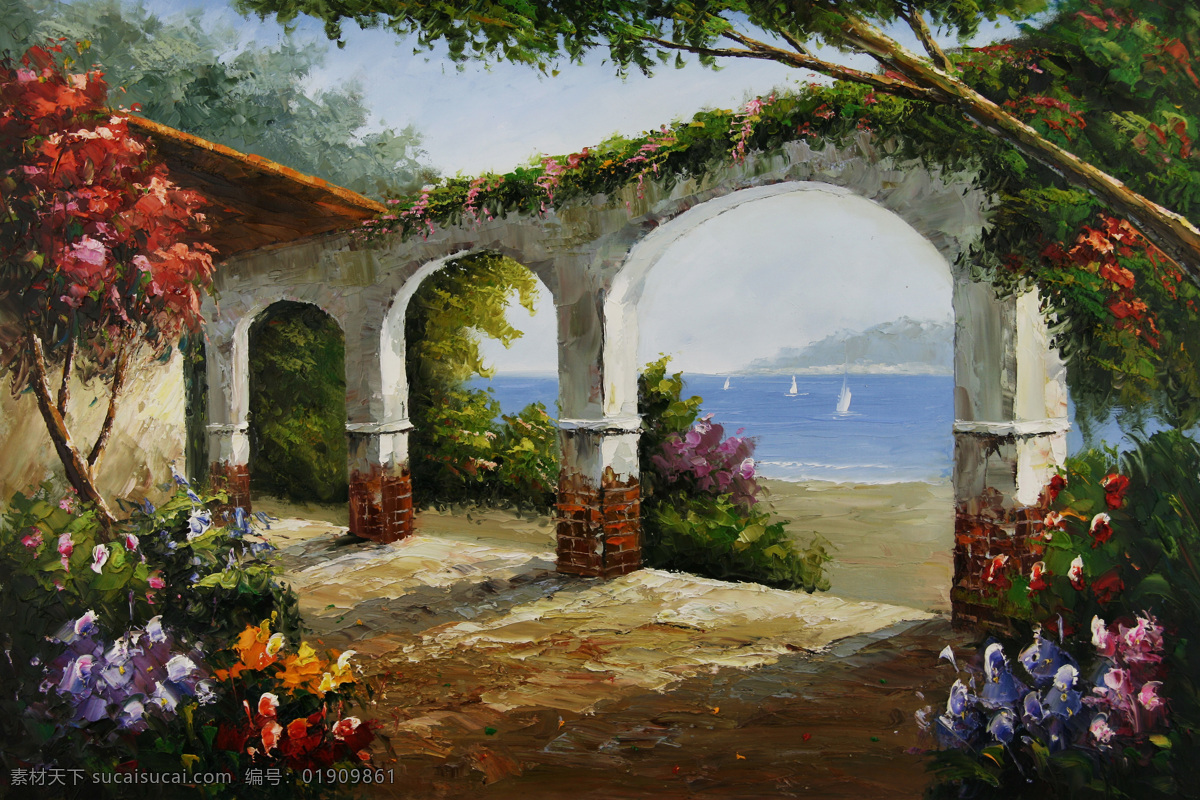 地中海油画 地中海 手绘油画 花园景油画 欧式 风景油画 绘画书法 文化艺术
