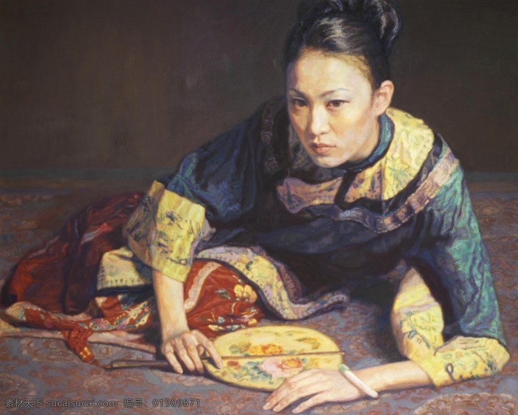 少妇 陈逸飞作品 中国油画家 中国传统衣饰 半躺 右手持团扇 20世纪油画 油画 绘画书法 文化艺术