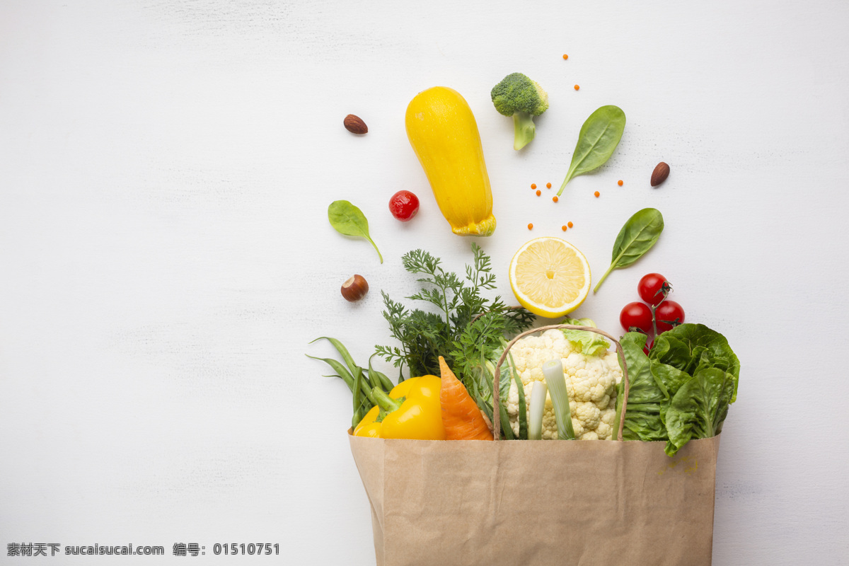 果蔬 柠檬 纸袋 彩椒 菜椒 生姜 大蒜 辣椒 蔬菜 菜 绿叶 花菜 菜花 水果 青菜 食材 菜品 材料 番茄 百里香 西红柿 迷迭香 香草 菠菜 油菜 生物世界