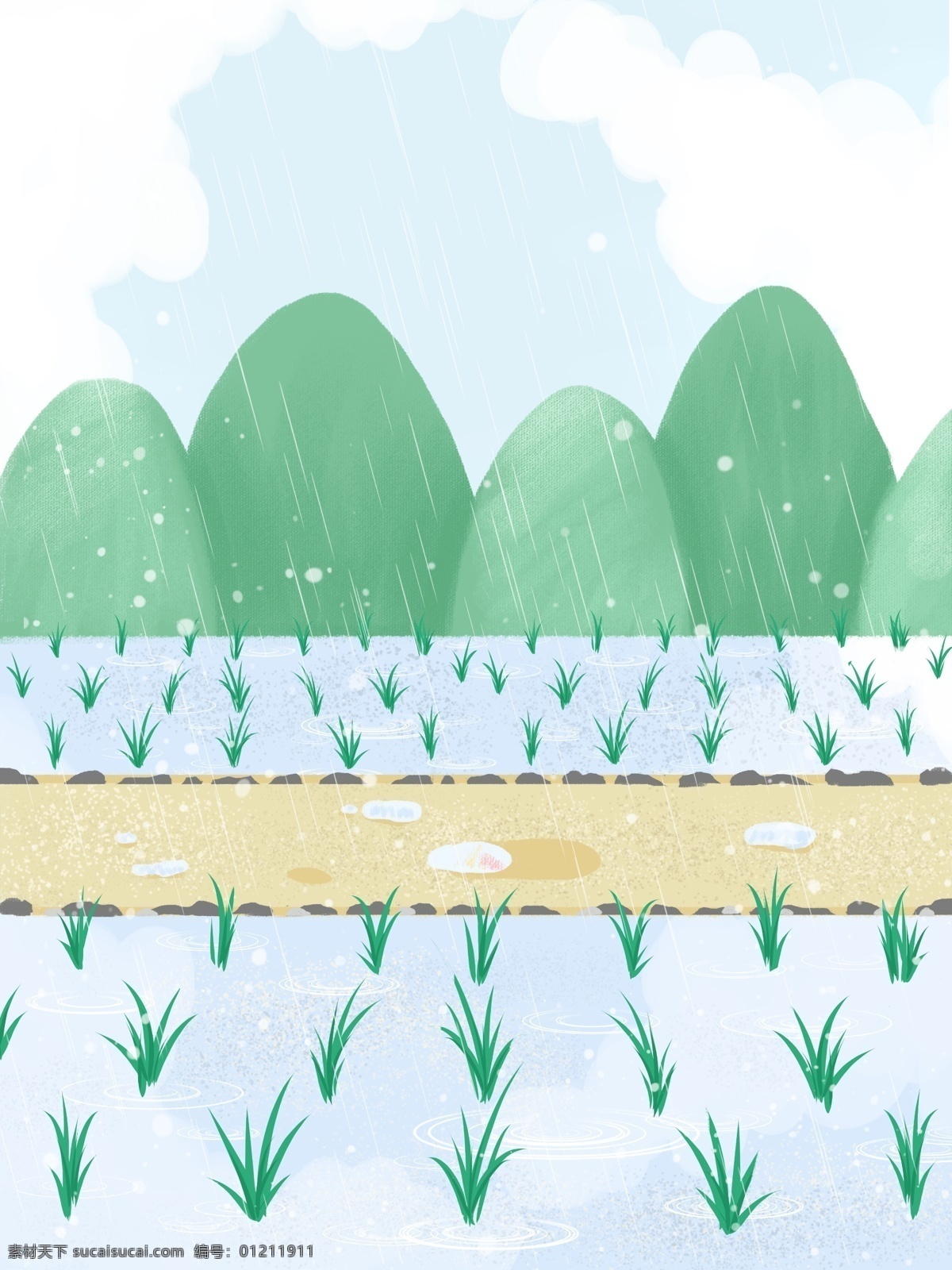 手绘 春季 稻田 元素 山峰 雨水 色彩 背景素材 广告背景 背景 彩色背景