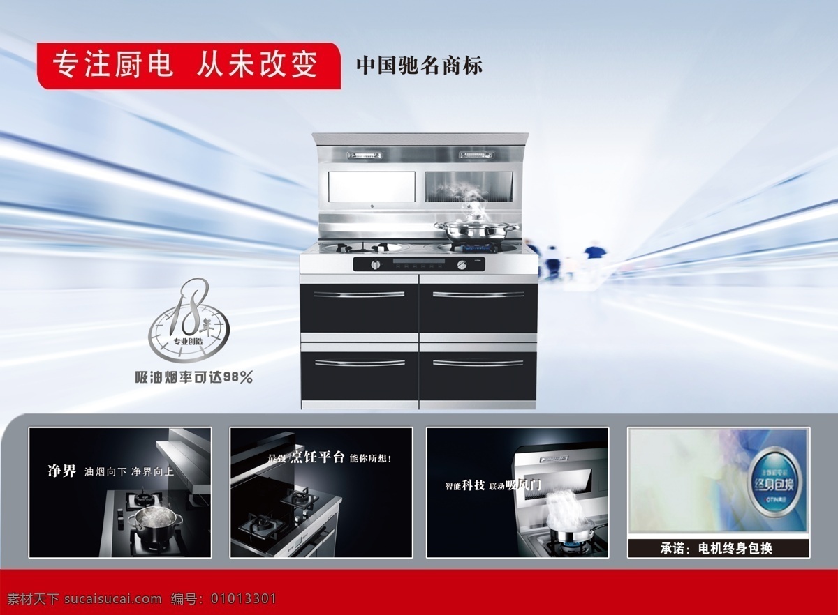 集成灶 集成灶具 天蓝色背景 集成灶细节图 功能 电机终身包换