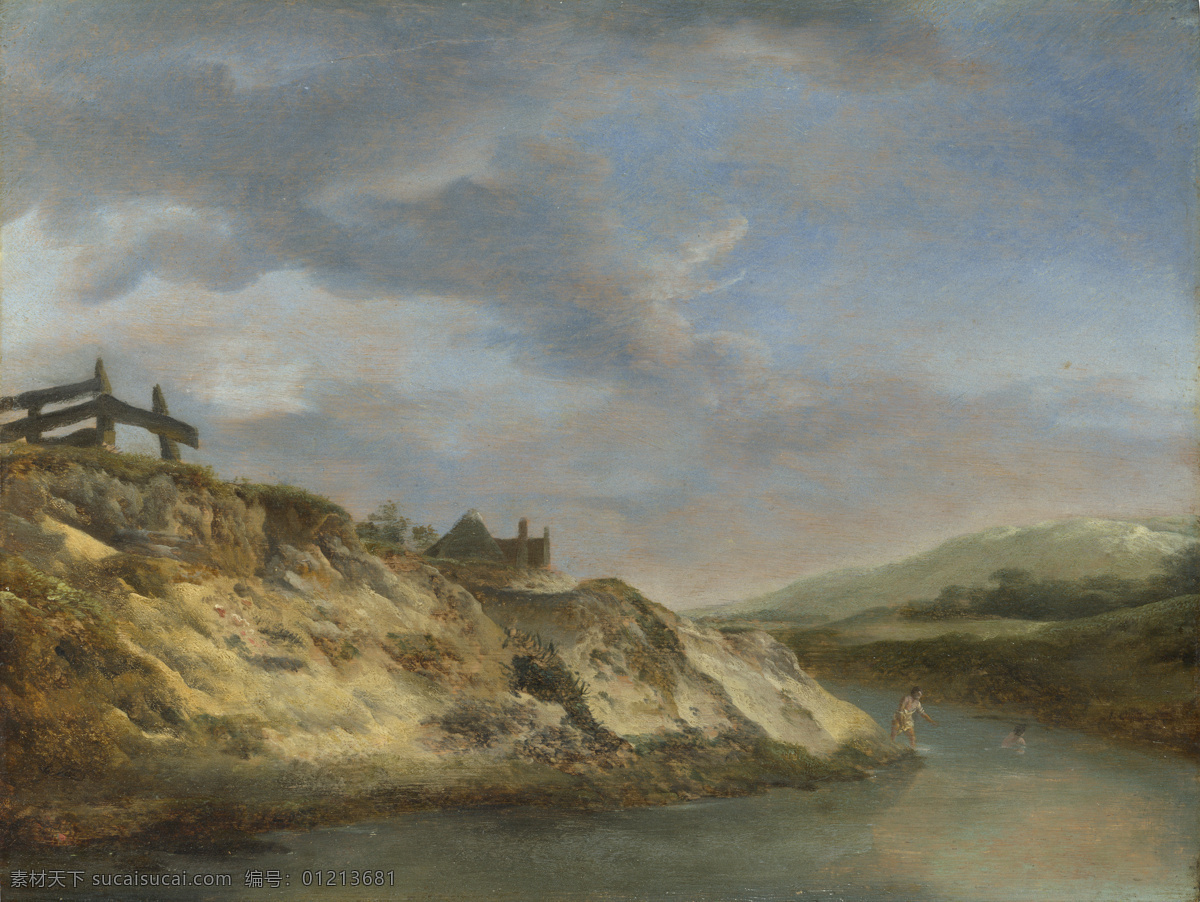 bathers 大师 画家 古典 画 建筑 景物 装饰画 油画 two with dunes the in stream a wouwermans philips 人物 高清 西方 国外 现代 家居装饰素材